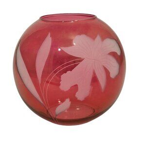 Cranberry Glass Rose Bowl Vase 6" vtg Victorian style etched floral flower globe